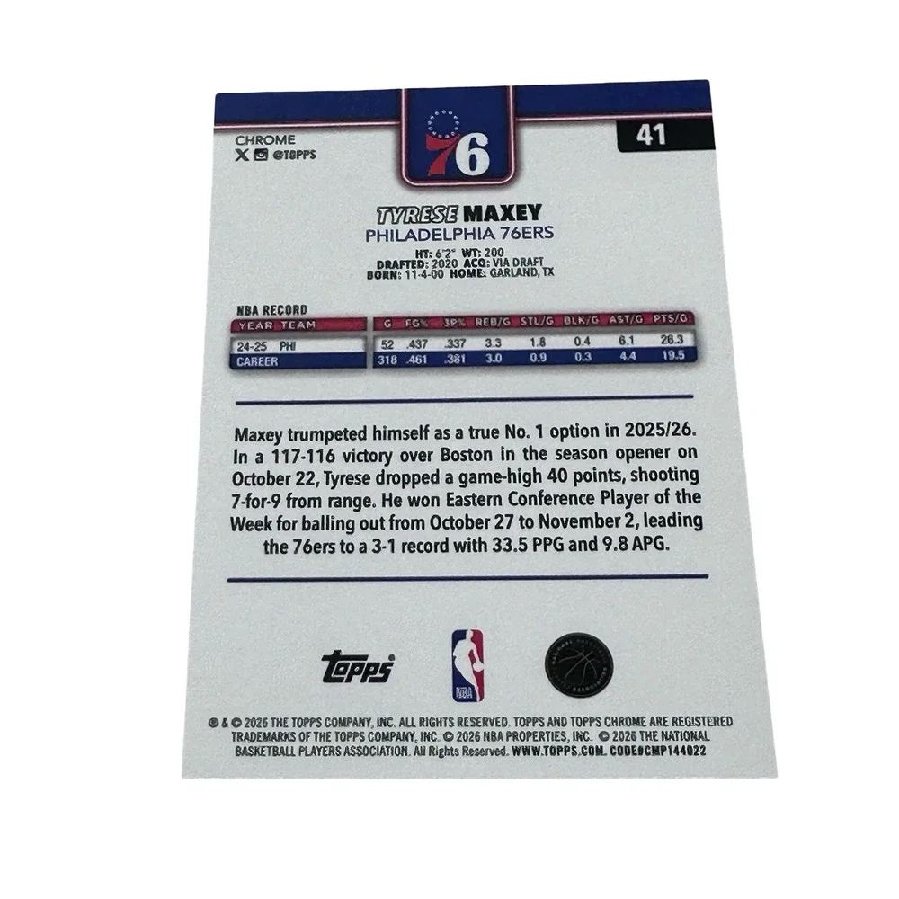 2025-26 Topps Chrome Update Tyrese Maxey 76ers #41 True Aqua Refractor /199